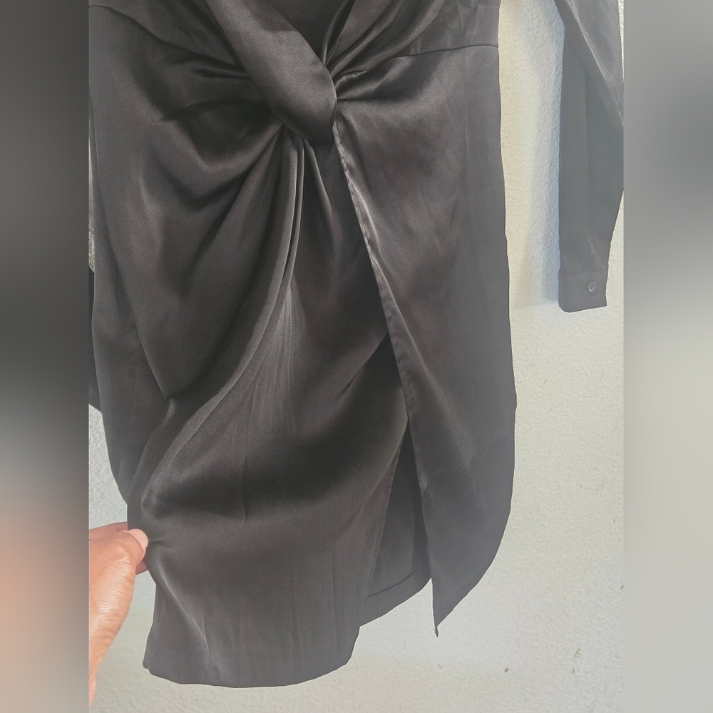 Fashion Nova Black Satin Twist-Front Long Sleeve Dress - Picture 7 of 7